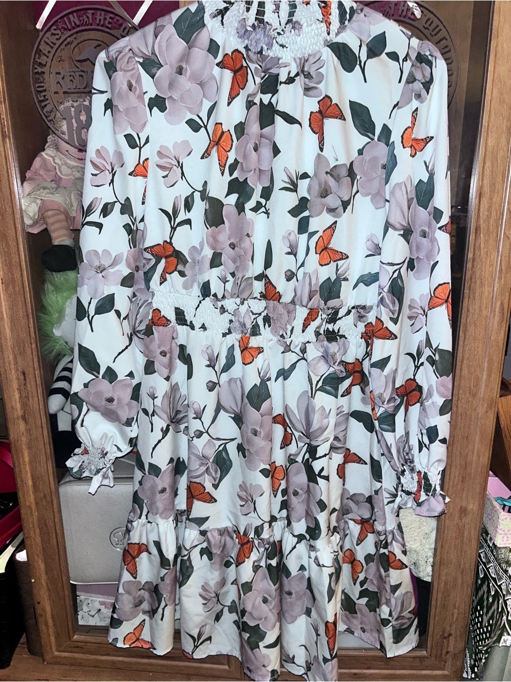 Floral Butterfly Long Sleeve Smock Dress - White with Blush & Orange
